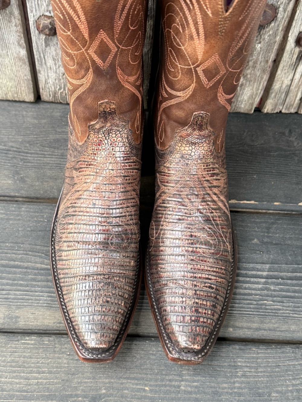 Lucchese 1883 Exotic Women's Cowboy Boots in Distressed Redwood Color - Picture 4 of 9